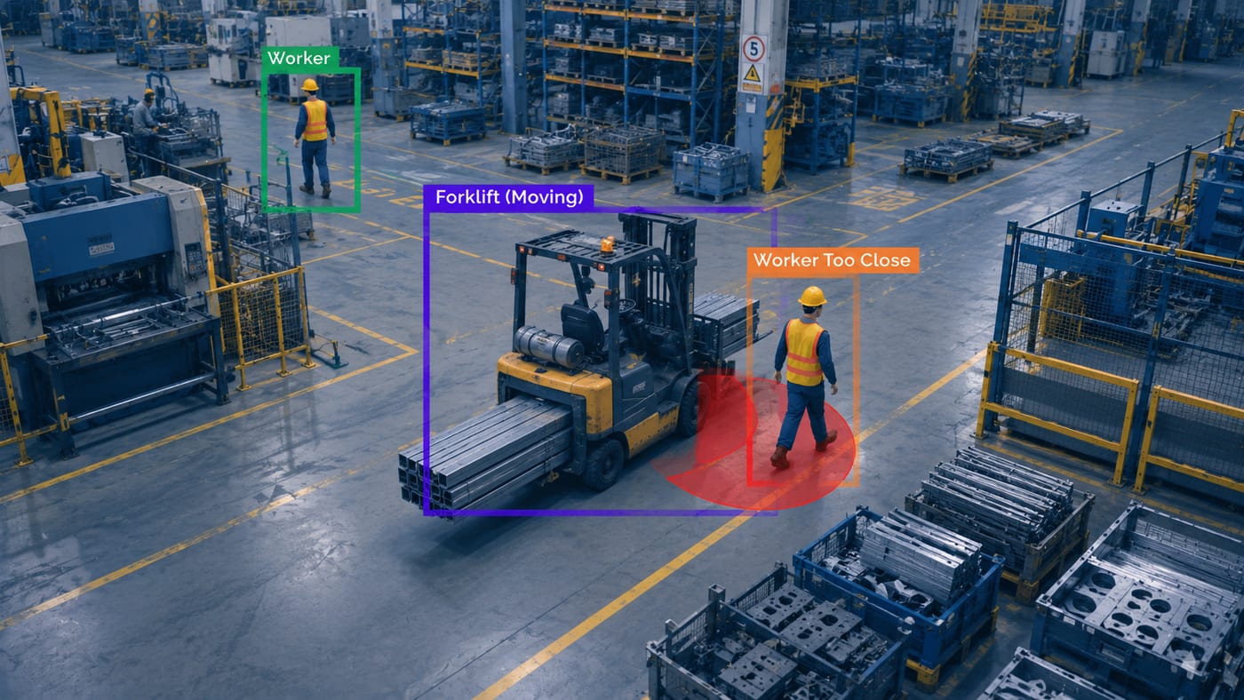 AI CCTV in a warehouse detecting a moving forklift and a worker who is too close