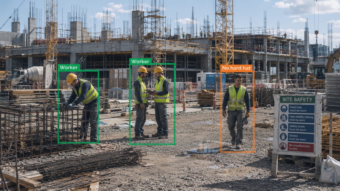AI CCTV identifying workers in PPE and flagging one without a hard hat