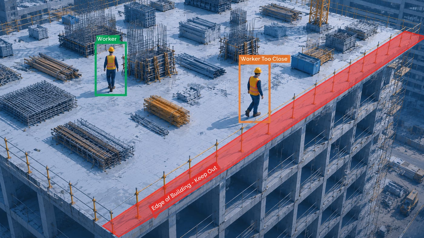 Aerial AI CCTV view of a high-rise construction site detecting a worker near an unprotected edge